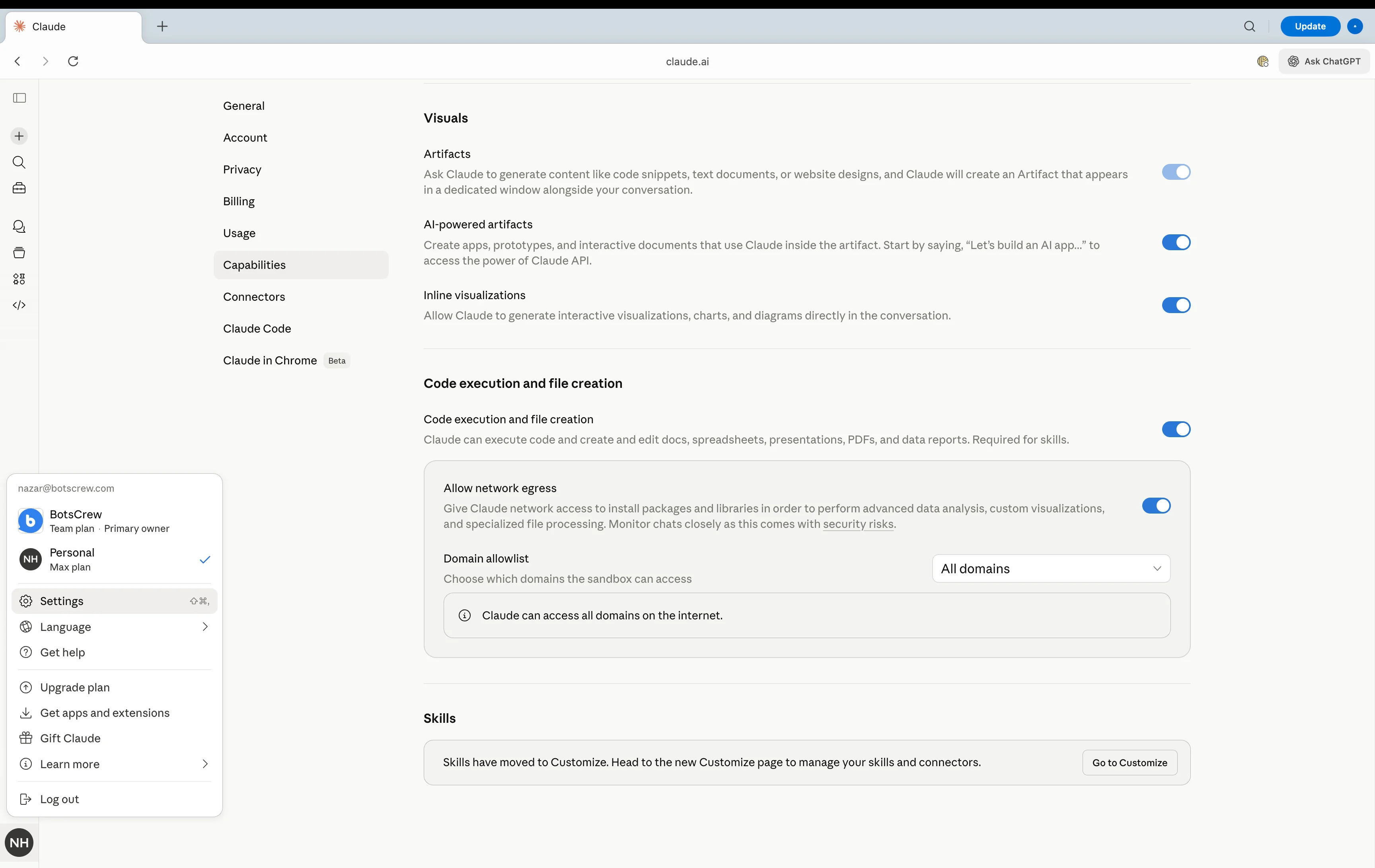 Claude Capabilities settings page showing Code execution, Network egress, and Domain allowlist